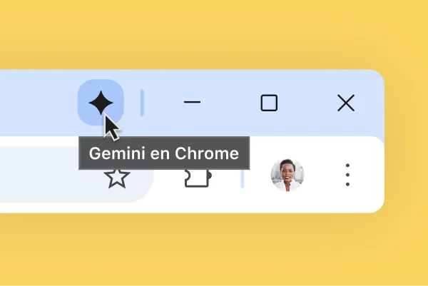 Se muestra un ícono de Gemini en la parte superior de una barra del navegador Chrome. El usuario coloca el cursor sobre el ícono. Un cuadro de información dice