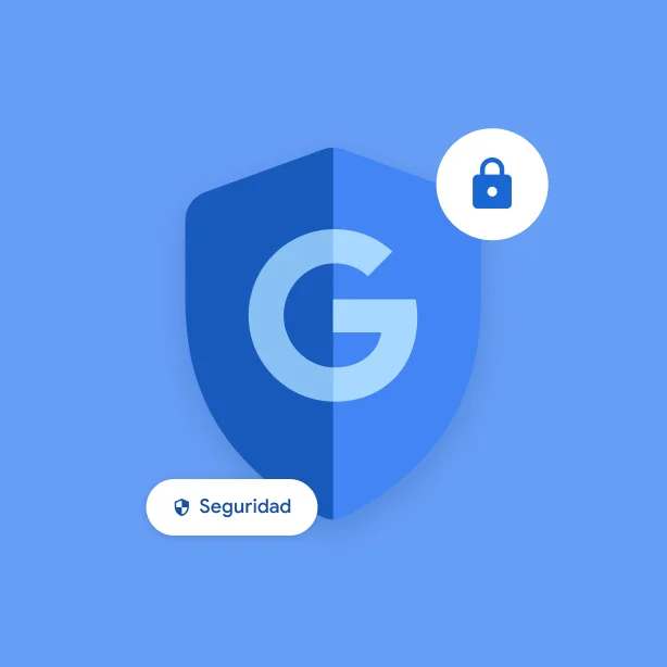 Varios íconos garantizan la seguridad de Google, incluido un escudo con la G de Google, un ícono de candado y un pequeño chip que dice