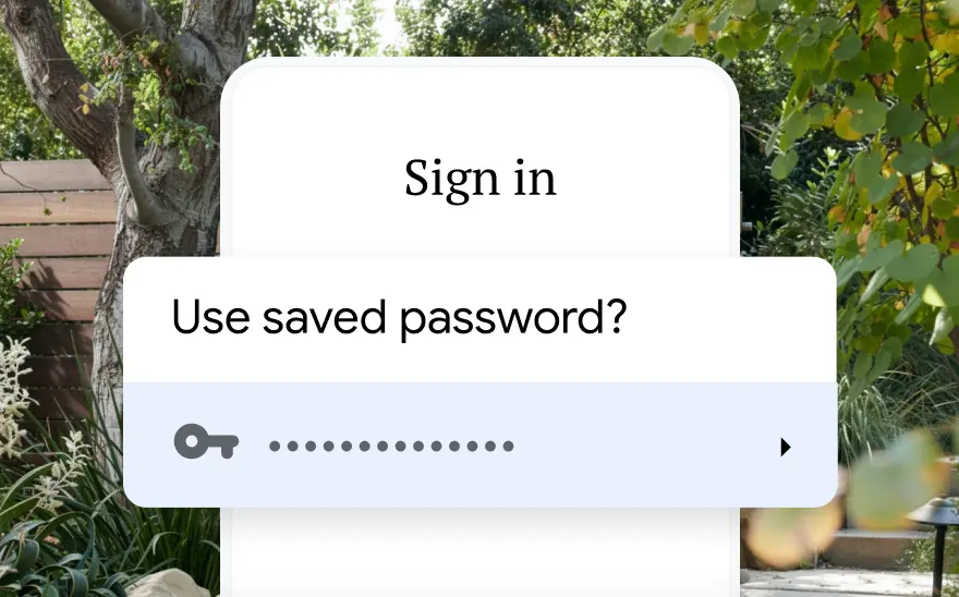 A sign-in page for a trip reservation asks to use a saved password. In the background is a nature scene.